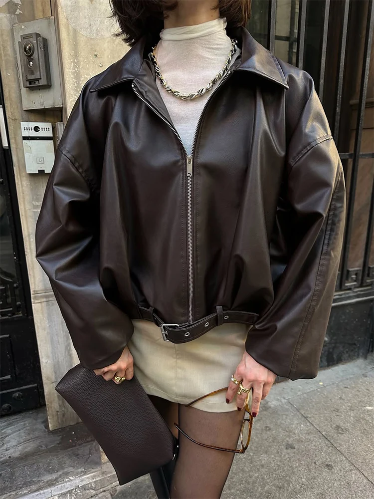 

Trendix Vintage PU Jacket Women's Pocket Patchwork Lapel Zipper Leather Jackets High Street Fashion Oversized Faux Leather Coat