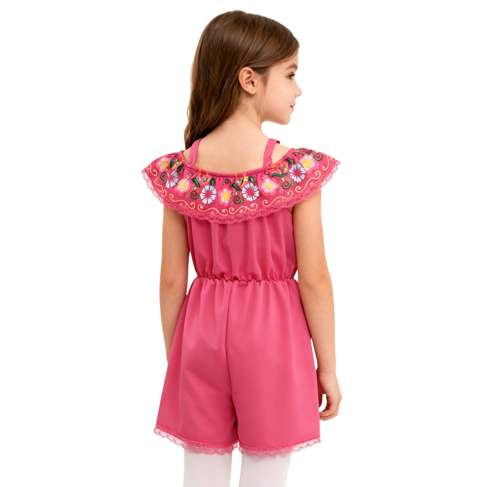 Kids Girls Mexican Traditional Ethnic Jumpsuit Off Shoulder Floral Print Lace Bodysuit for Cinco De Mayo Festival Photography