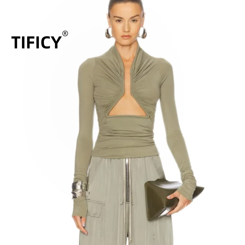 High Street T-shirts Women's Ro Style Metal Chest Hollow Out Long Sleeved Sexy Deep V-neck Waist Tight Tshirts Top