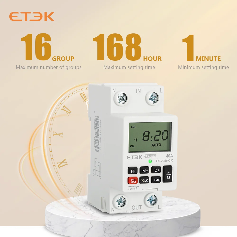 ETEK Timer Switch 220v Weekly Days Hour Programmable Intelligent relay 40A 63A  with Battery 7 Days Digital Time Switch EKTS316