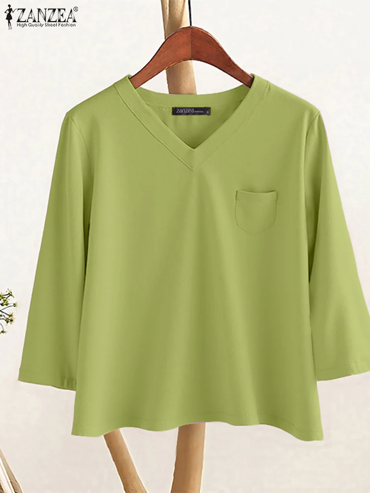 

2025 ZNAZEA Women Autumn Solid Loose Blouse Vintage V Neck Cotton Tops 3/4 Sleeve Work Shirt Casual Femme Chemise Mujer Oversize