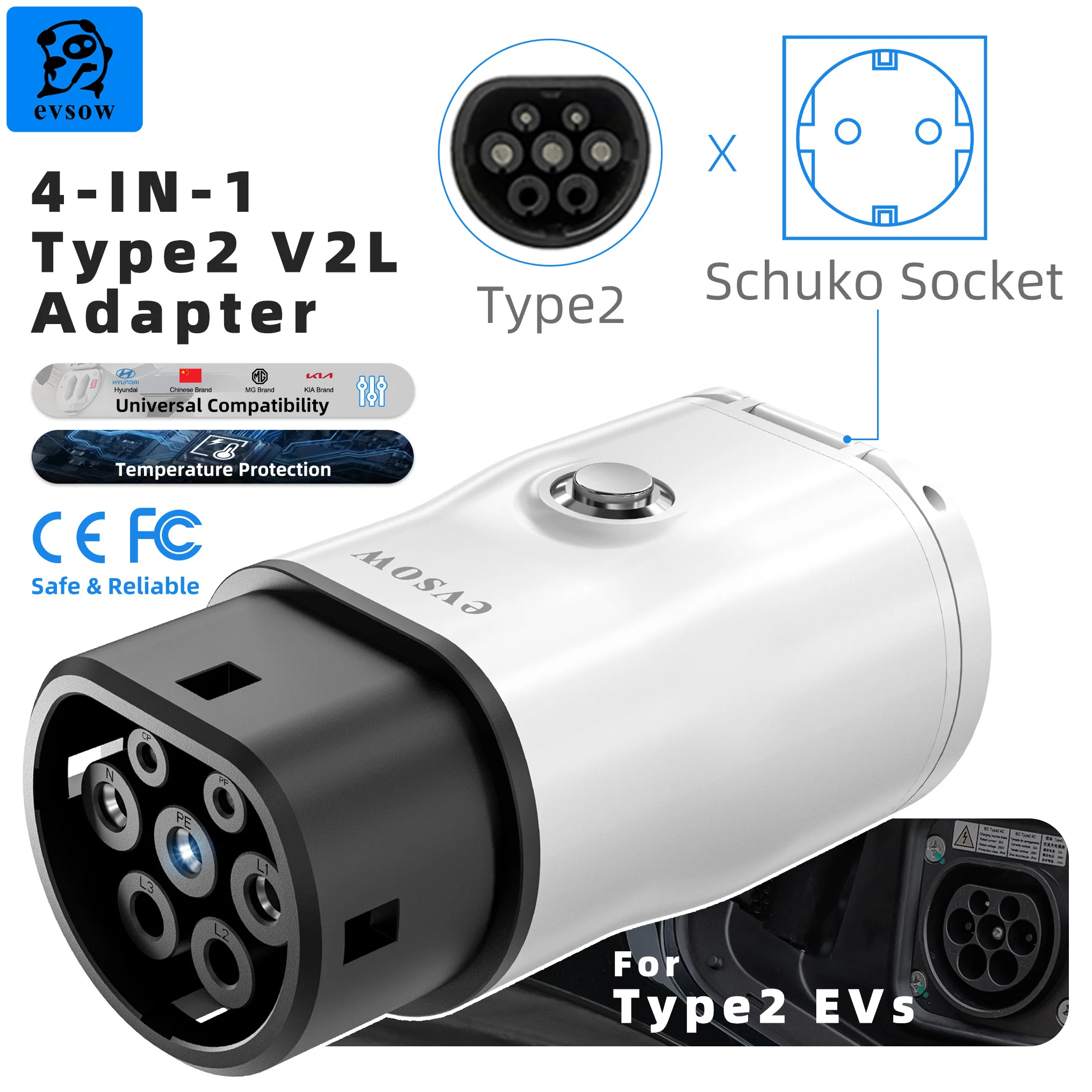 

evsow V2L Discharger Adapter Support MG/Kia/Hyundai/Chinese EVs Type2 Discharger Converter With Adjust Switch&Temp Protection