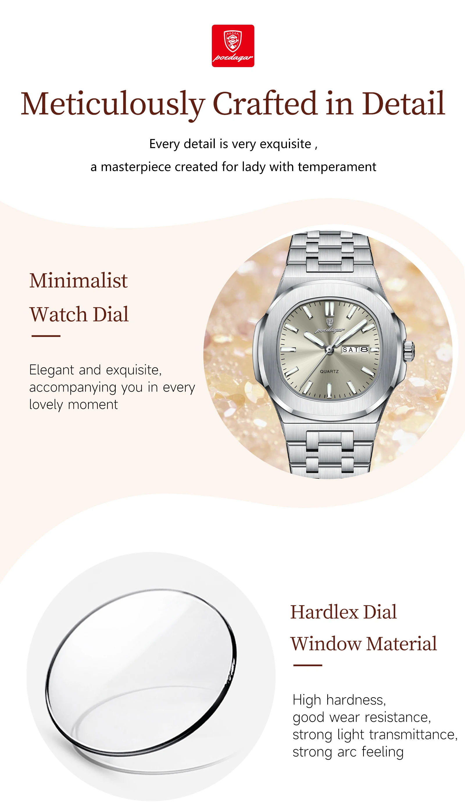 POEDAGAR Quadratische Damenuhr Datum Woche Wasserdicht Leuchtende Damenuhr Edelstahl Quarz Mode Damenuhren Reloj Geschenk – Detail 9