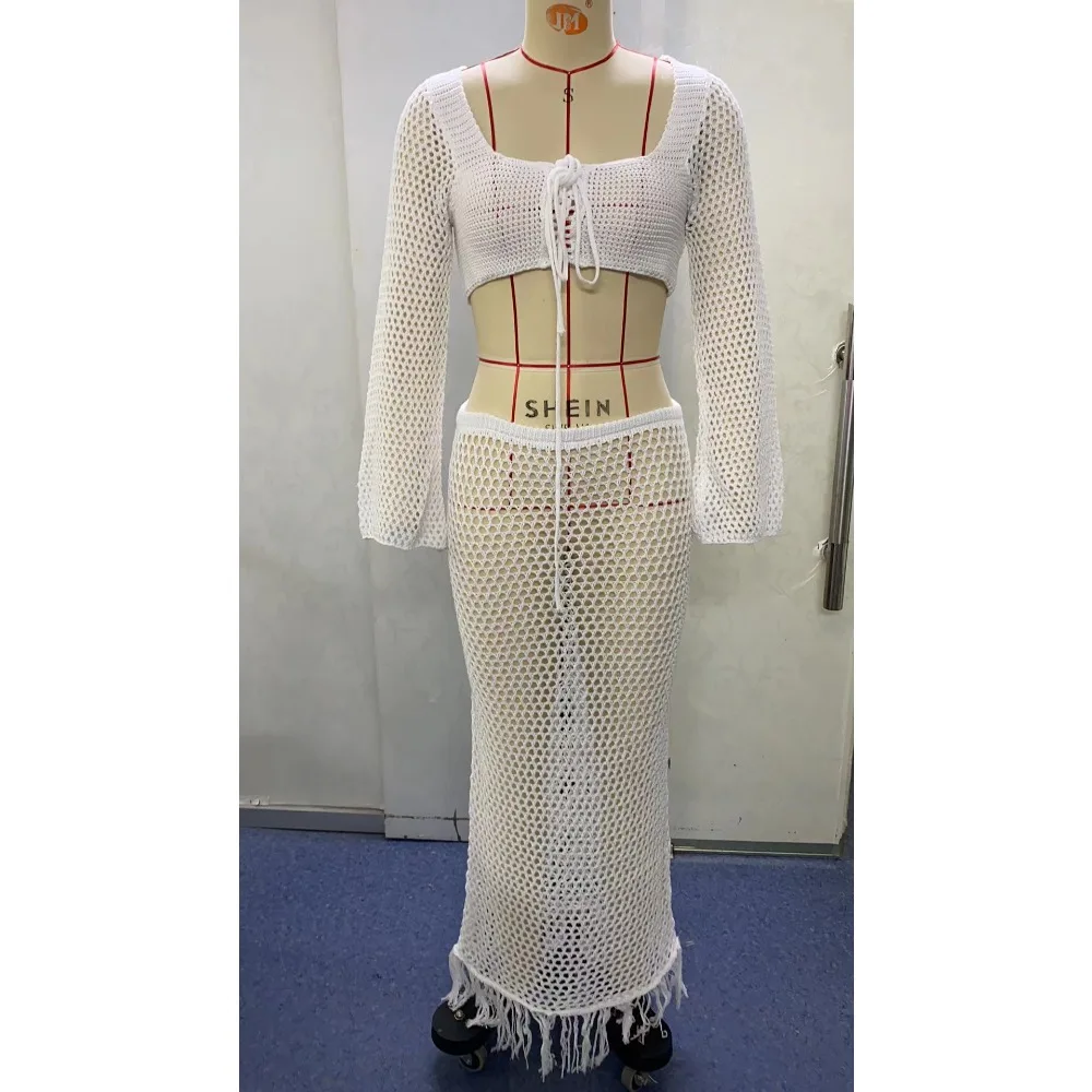 2025 여성 크로셰 니트 스커트 세트 속이 비치는 레이스업 수영복 커버업 2피스 니트 의상 세트 수영복 비치웨어 섹시 시스루