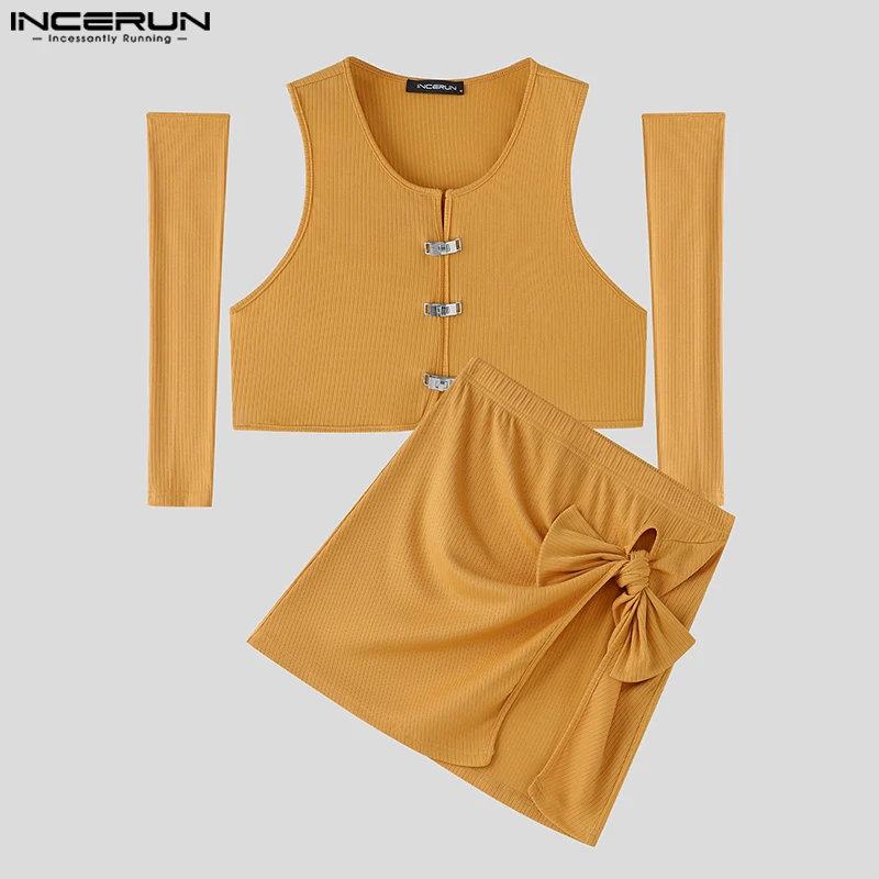 

Men Sets Solid Color Sexy Irregular Sets Summer 2025 Long Sleeve Crop Tank Tops & Skirts 2PCS INCERUN Streetwear 2025 Men Suits