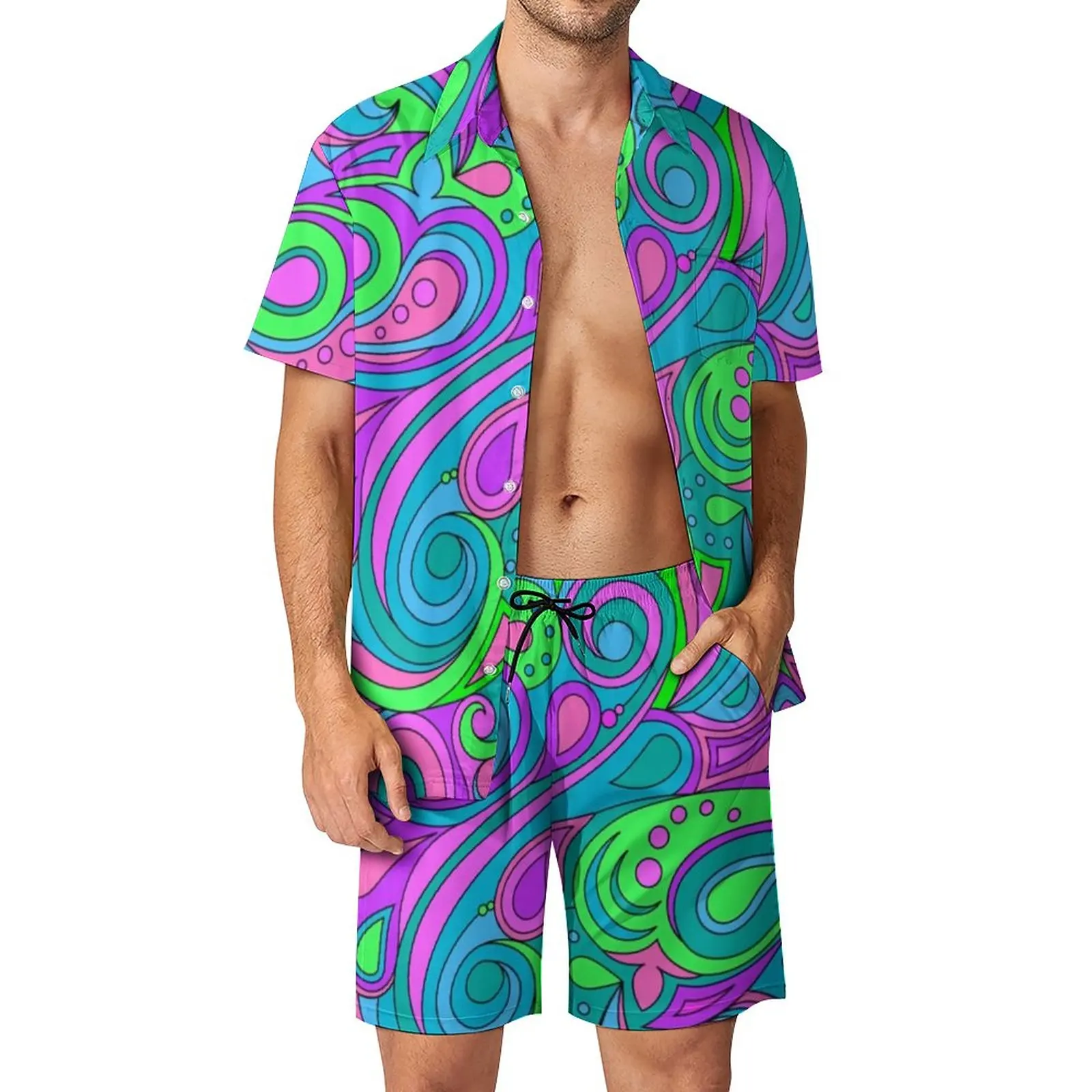 

Psychedelic Art Men Sets Hippy Purple Paisley Casual Shorts Summer Hawaiian Beach Shirt Set Short Sleeve Graphic Oversized Suit