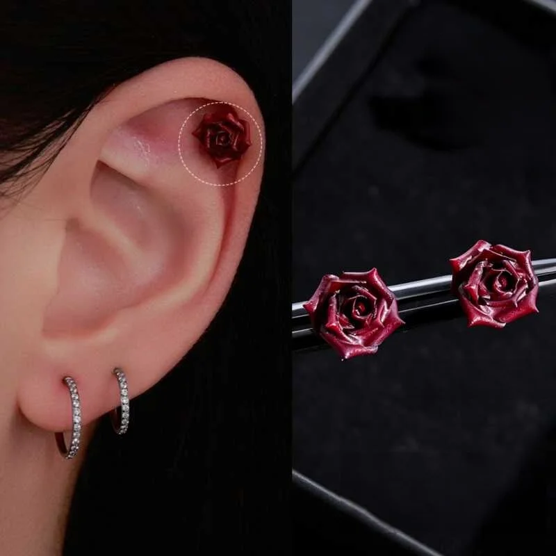 Vintage Deep Red Rose Earrings, Gothic Carved Flower Alloy Earrings, Sweet And Cool Aesthetic Y2k Wearing Party Gift