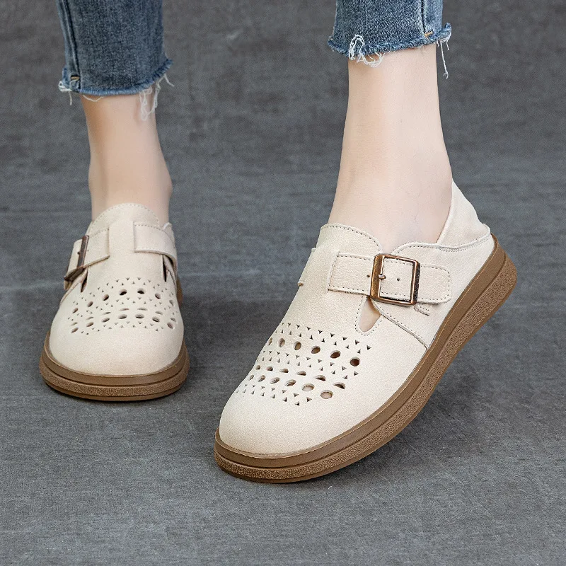 New Hollow Out Flats Genuine Leather Loafers Women Summer Buckle Strap Moccasins Woman Luxury Top Quality Vintage Shoes Mother