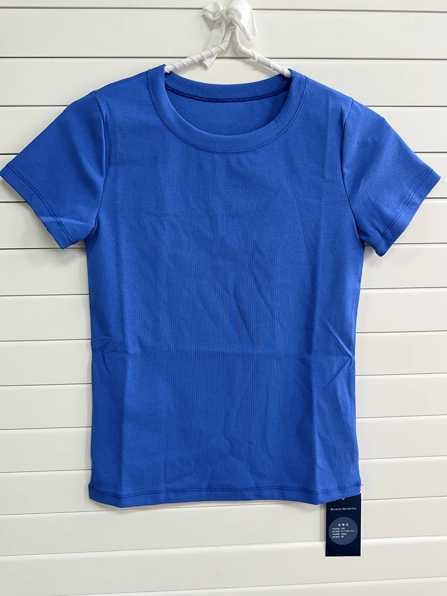 Vintage O-neck Cotton T-shirts Women Summer Casual Simple Electric Blue Slim Short Sleeve Tees Sweet Cute Preppy Style Tshirts
