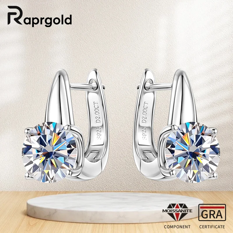 

RAPRGOLD GRA Certified 2CT Round Moissanite U-shaped Hoop Earrings for Women S925 Sterling Silver Huggie Earring Jewelry Gifts