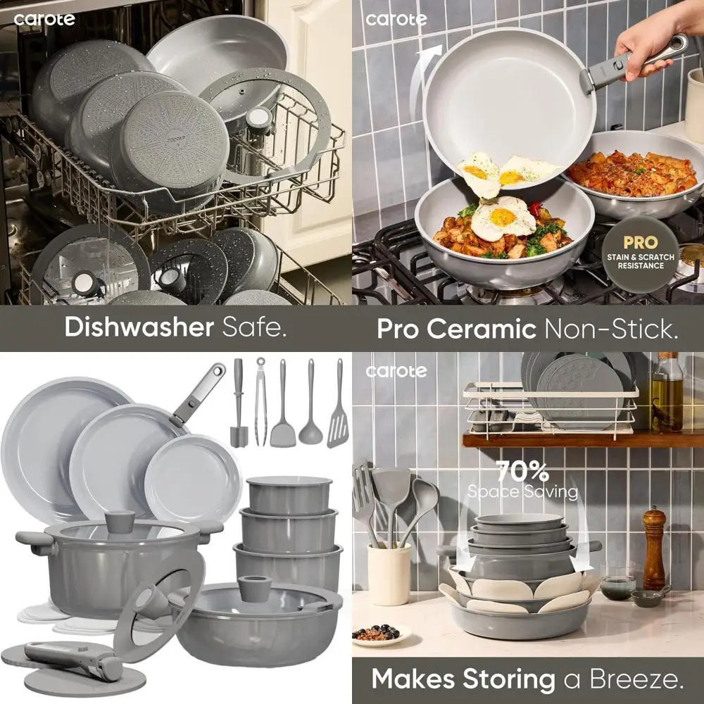 

Nonstick 27-Piece Ceramic Cookware Set, Detachable Handle, Dishwasher & Oven Safe, Ideal for RV and Camping, with Kitchen Tools,