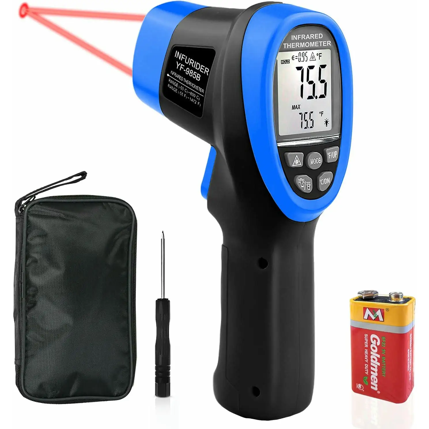 Termómetro láser Infrarrojo YF-985B,Pistola de Temperatura Láser Dual Digital Sin Contacto -50℃-1360℃,16:1 IR Pirómetro con Emisividad Ajustable & Lectura Instantánea por HVAC Industrial