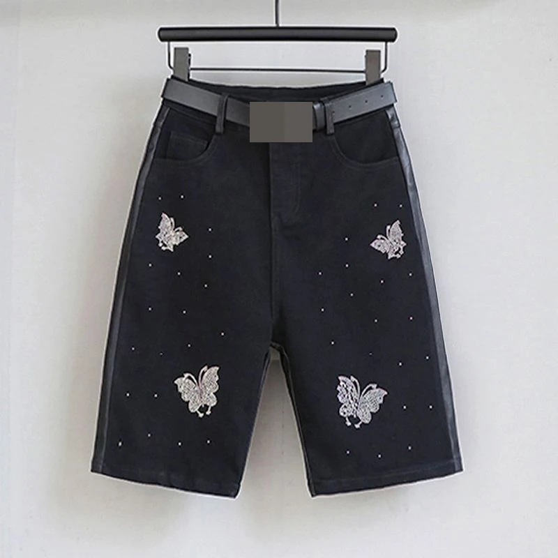 

Five-point leather pants women's autumn new Korean diamond shiny denim leather high-waisted slim straight leather boots pants