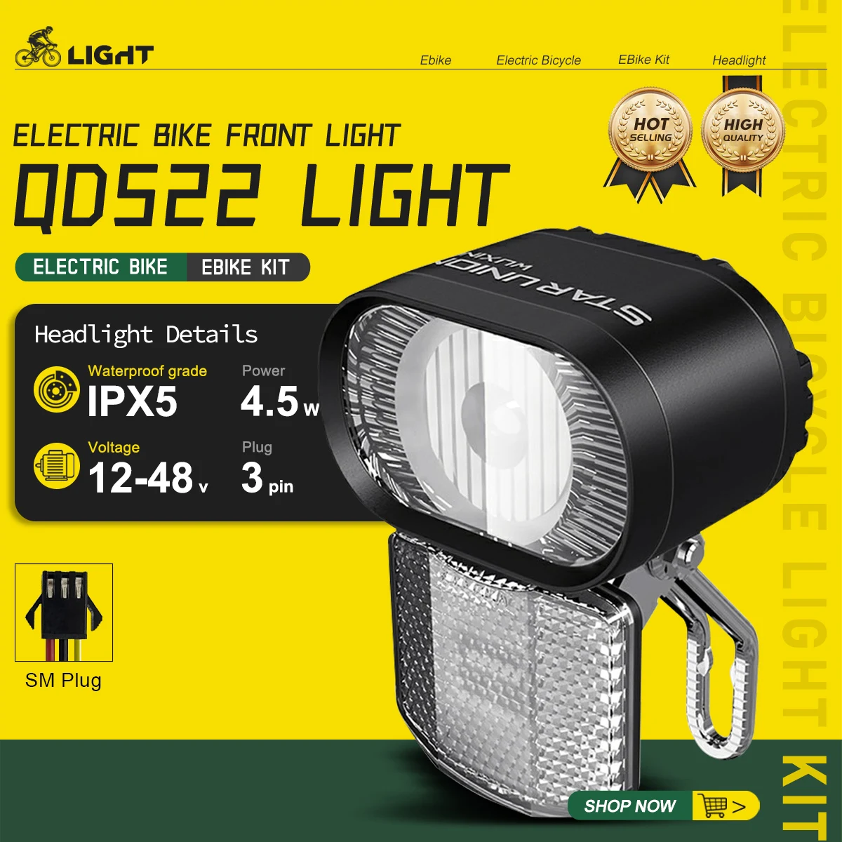 

Electric Bike Front Light QD522 12-48V High Brightness Electric Bicycle Horn Headlight Night Safe Riding Accessories for E-Bike