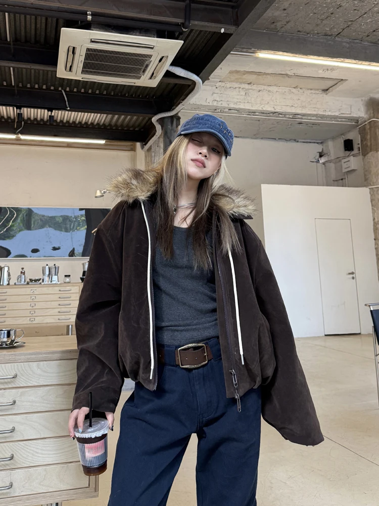 

CCYE Brand Street Sle Loose Fit Jaet Double Wear Cotton Lined Removable Fur Collar Suede Men's Outerwear Winter Coat