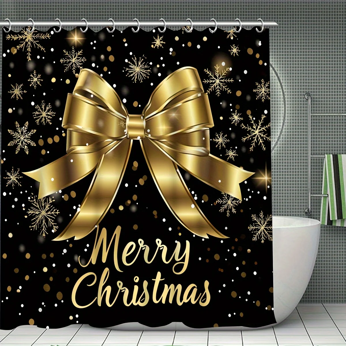 4PCS Christmas Shower Set , Merry Christmas Gold Bow Print 12 Hooks Non-Slip Mat U-Seat Cover Toilet Lid Cover Holiday Decor