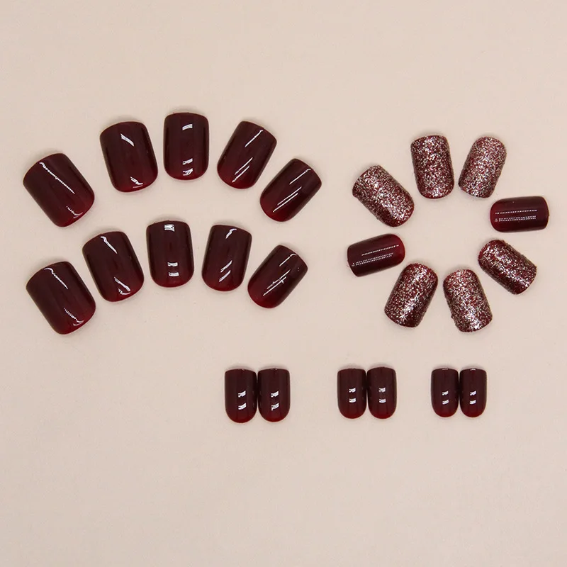 24pcs Short Solid Color Burgundy Glitter Fashion Squared Rounded Fake Nails Press on Nails Set for Girls False Nails with Glue