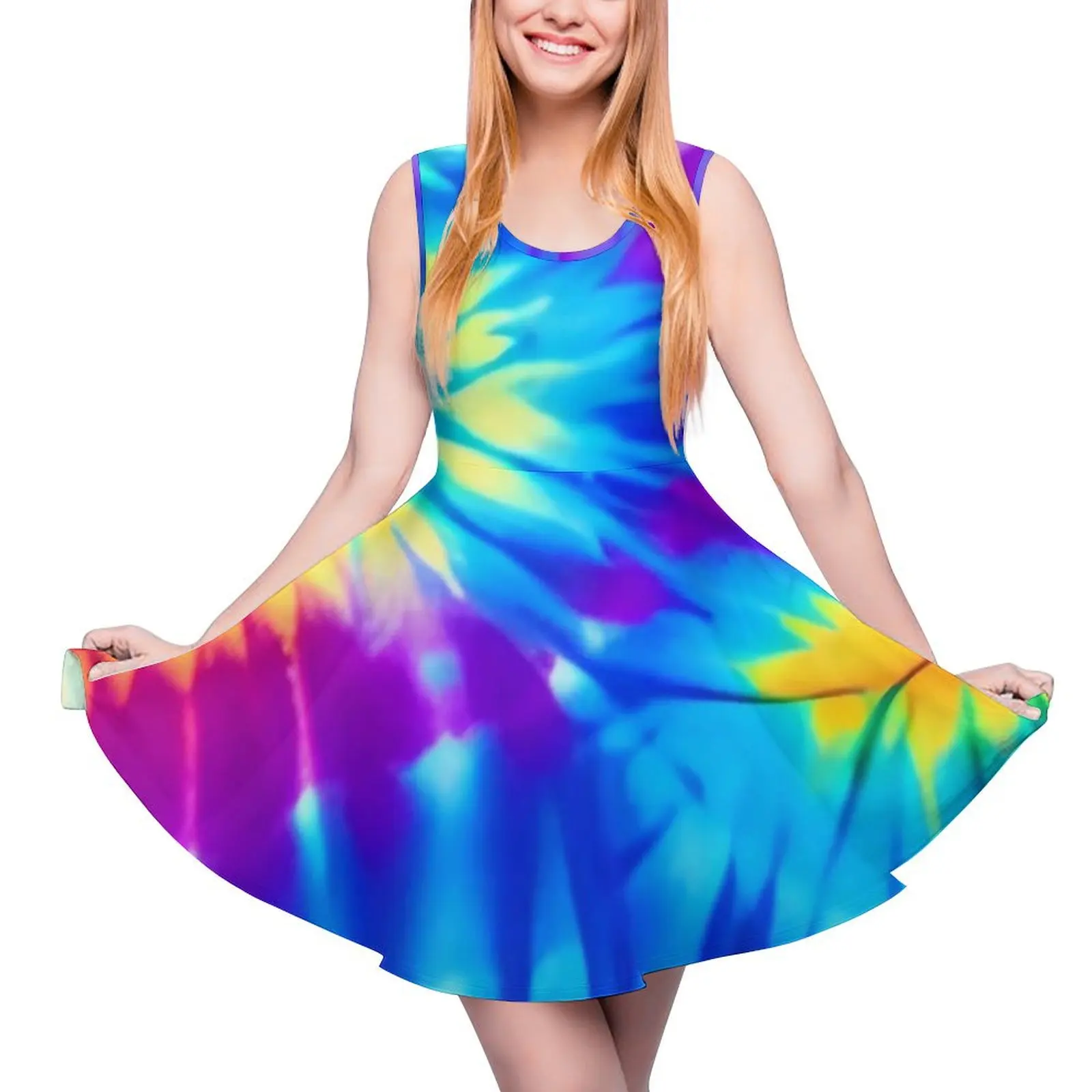 Colorful Tie Dye Dress Rainbow Print Pretty Dresses High Waist Casual Skate Dress Ladies Custom Vestidos Gift