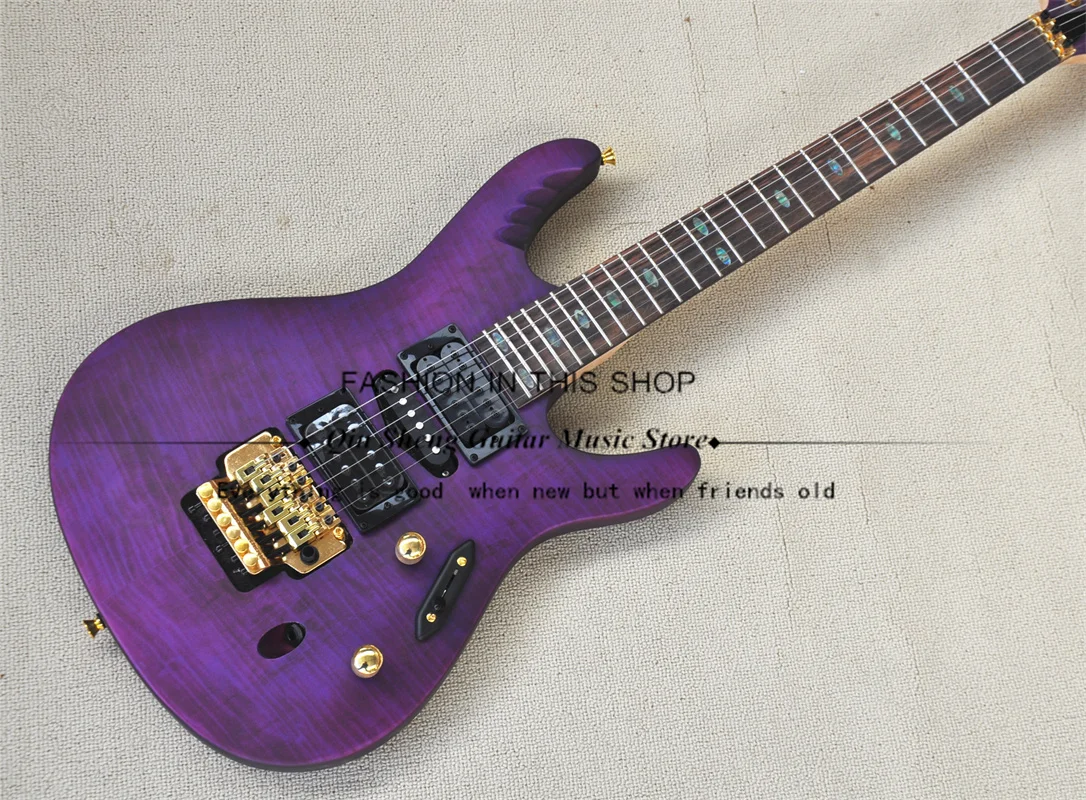 6-string electric guitar, ultra-thin body, purple tiger veneer, gold tremolo bridge, scalloped fretboard