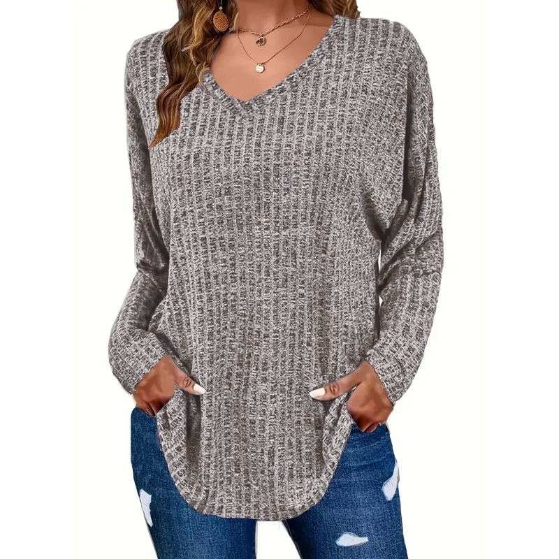 

Большие размеры, женский однотонный полосатый пуловер с v-образным вырезом, повседневные вязаные джемперы с длинными рукавами, осенний новый простой классический свитер