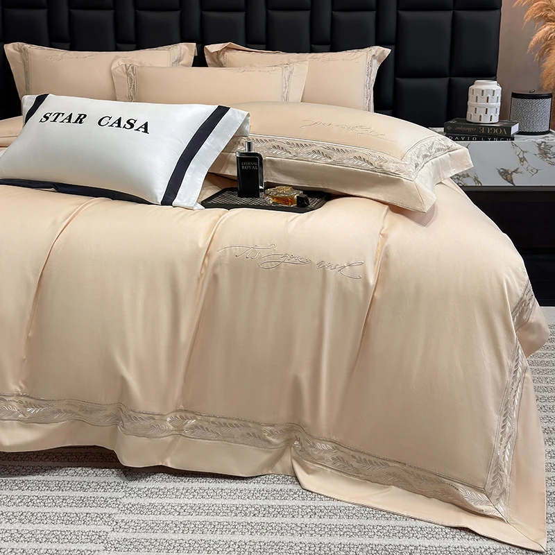 Egyptian Cotton Embroidery Bedding Set Luxury Solid Color Duvet Cover sets Flat/Fitted Bed Sheet Pillowcases Home Textiles