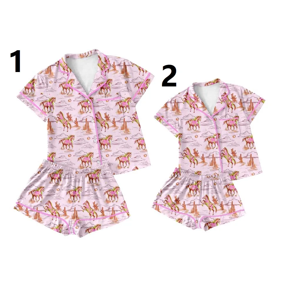 Western series pink girls short sleeve shorts set mother-daughter sister boutique wholesale