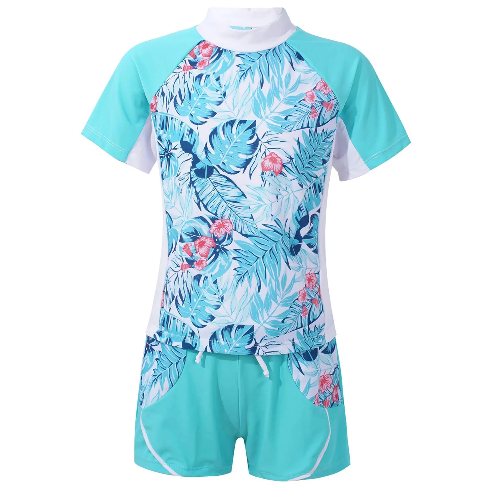 2 Piece Kids Girls Swimsuits Beachwear Floral Print Summer Short Sleeve Top+Boyshorts Children's Swimsuit Swimwear Bathing Suits