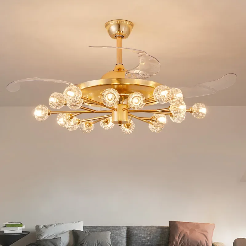 Custom Nordic Crystal Ceiling Fan Light Multi Head Invisible Fan Lamp Luxury Living Room Dining Room Household Lighting