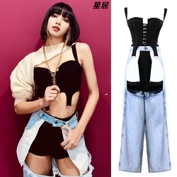 Kpop Korean Singer Dance Clothes Women Jazz Dance Crop Tops Jeans Black Vest Sexy Singer Street Dance Performance Stage Costume