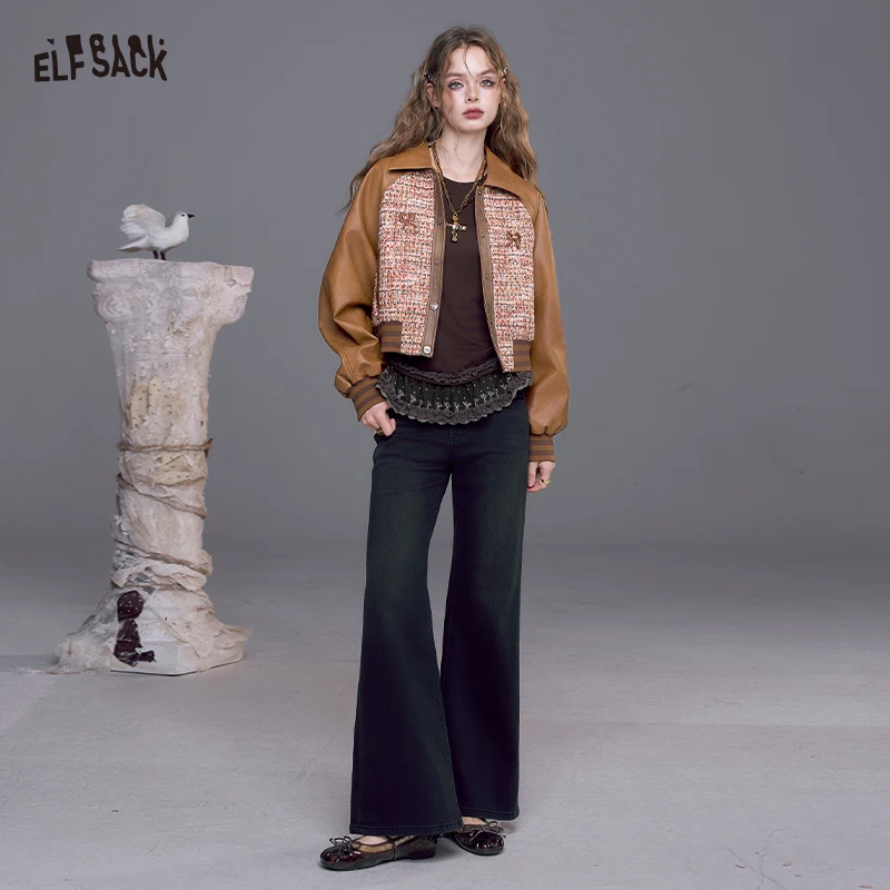 ELFSACK 2025 Autumn New Arrivals Casual Vintage Tweed Patch Bow Embroidery Faux Leather Short Jacket For Woman