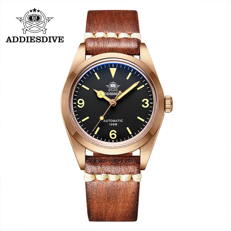 ADDIESDIVE TOP Bronze Watch For Men 36mm Luminous 10Bar Bubble Mirror Pot Cover Glass CUSN8 Solid Bronze PT5000 Automatic Watch