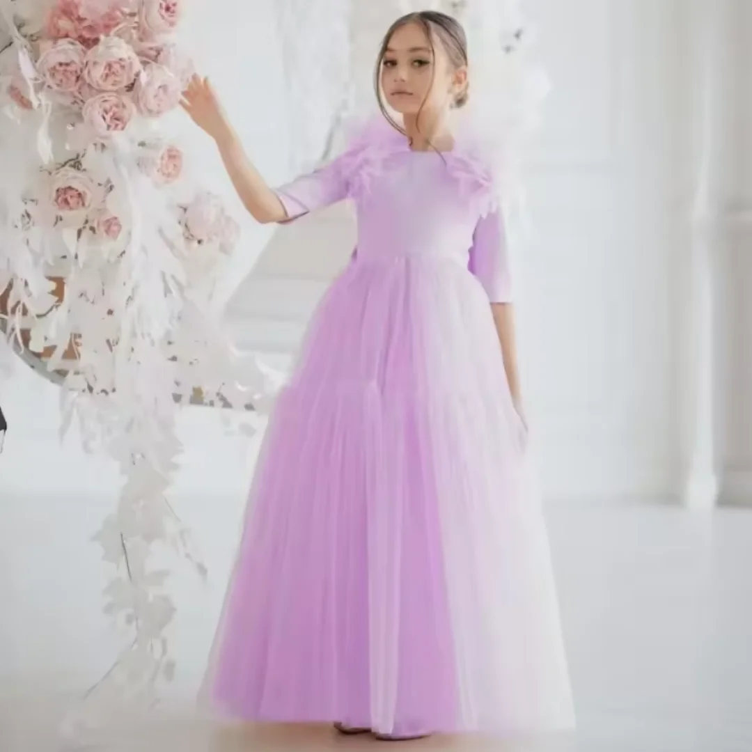 Floral Decorated Tulle Princess Dress for Girls Perfect for Flower Girl Birthday Celebrations And Weddings