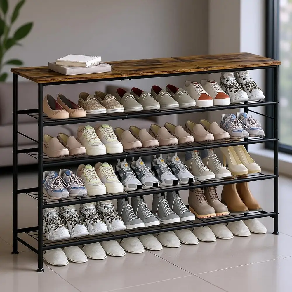 

5-Tier Metal Mesh Shoe Rack Organizer with Wooden Top for Entryway, Hallway, Closet, Bedroom, Living Room - Black + Rustic Brown