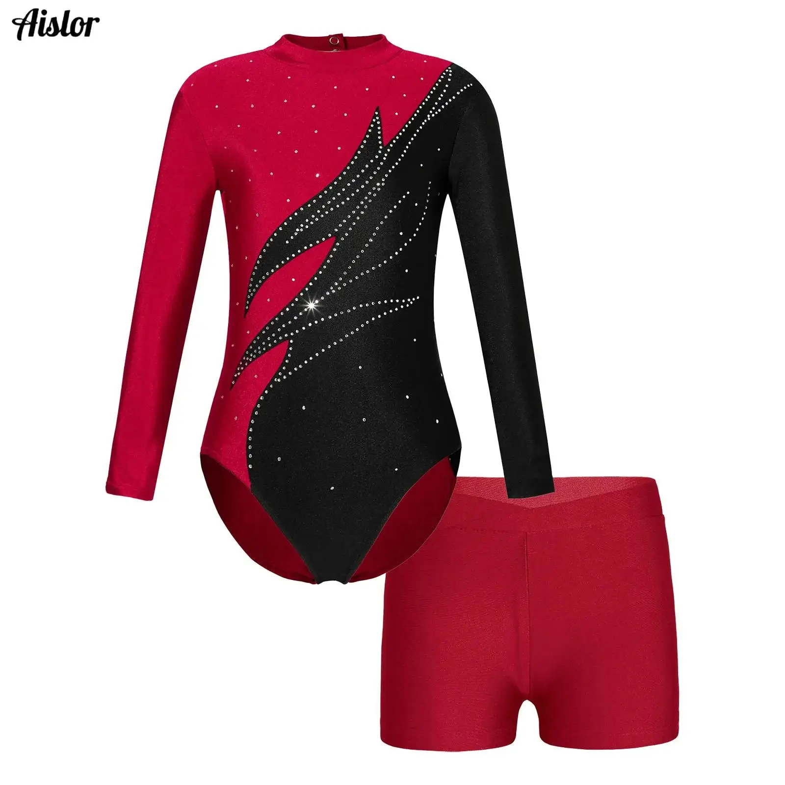 

Kids Girls Acrobatics Gymnastic Leotard Long Sleeve Contrast Color Shiny Rhinestones Bodysuit+Shorts Set for Dance Competition
