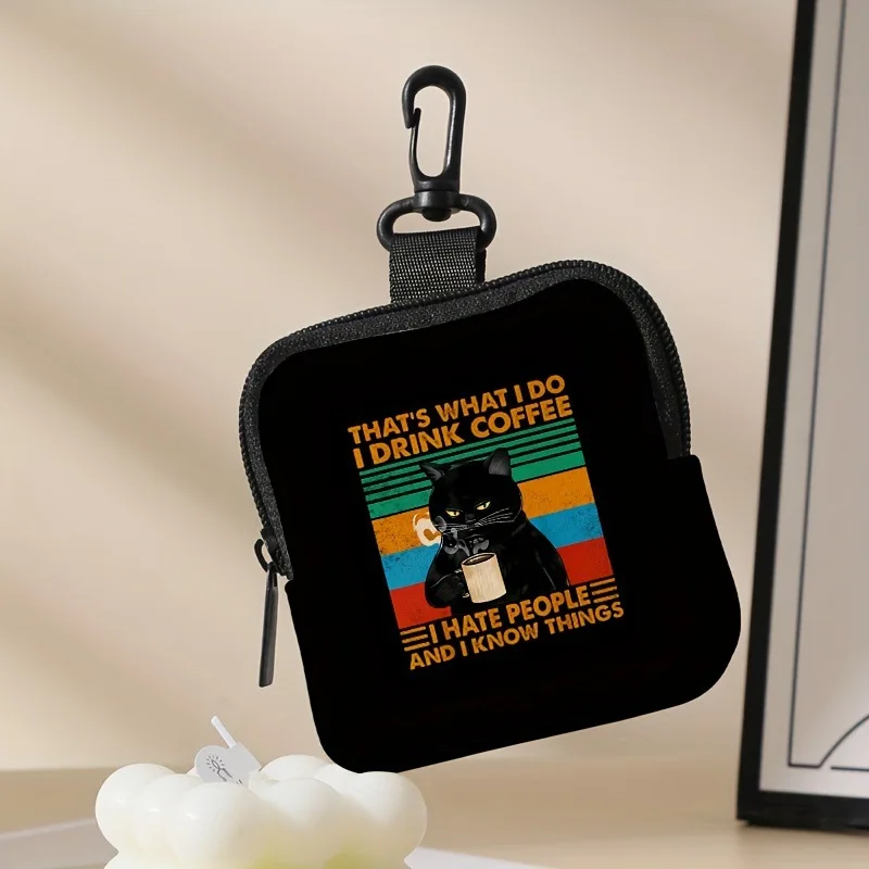 Black Cat Color Printed Coin Purse Multifunctional Mini Bag Synthetic Leather Waterproof  Zipper Storage Bag Fashion Funny Cute