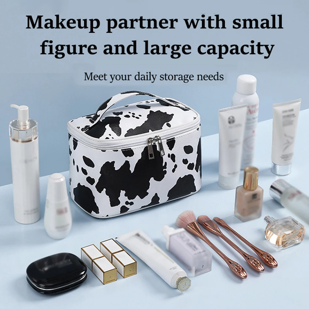 Cow Print Waterproof Makeup Bag – Women’s Travel Toiletry Organizer with Handle, Cows Pattern Cosmetic Storage Pouch
