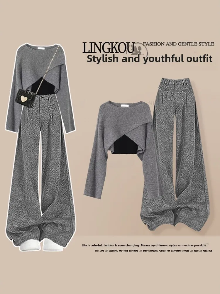 

Модный вязаный спортивный повседневный женский комплект из трех предметов: футболка с длинным рукавом и круглым вырезом, повседневный стиль для осени и весны