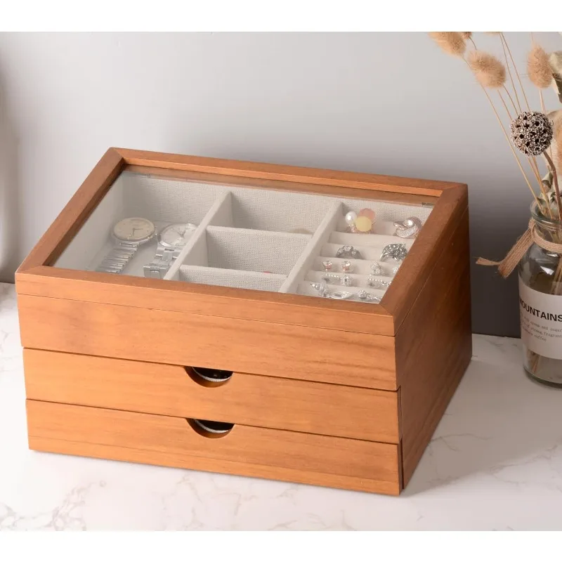 

Jewelry Box with Glass Lid, 3 Layer Jewelry Organizer for Women, Solid Wooden Jewelry Box Display
