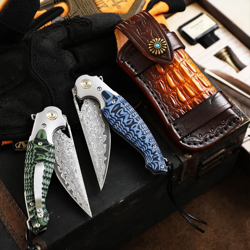 Hand Forged 67 Layer Damascus Steel Pocket Folding Knife, G10 Handle, Ball Bearing, Outdoor Camping Hunting Survival EDC Tool