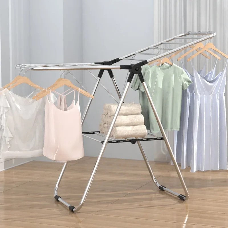 Stainless Steel Wing Type Floor Drying Rack Balcony Free Installation Multi-functional Folding Clothes Rack New