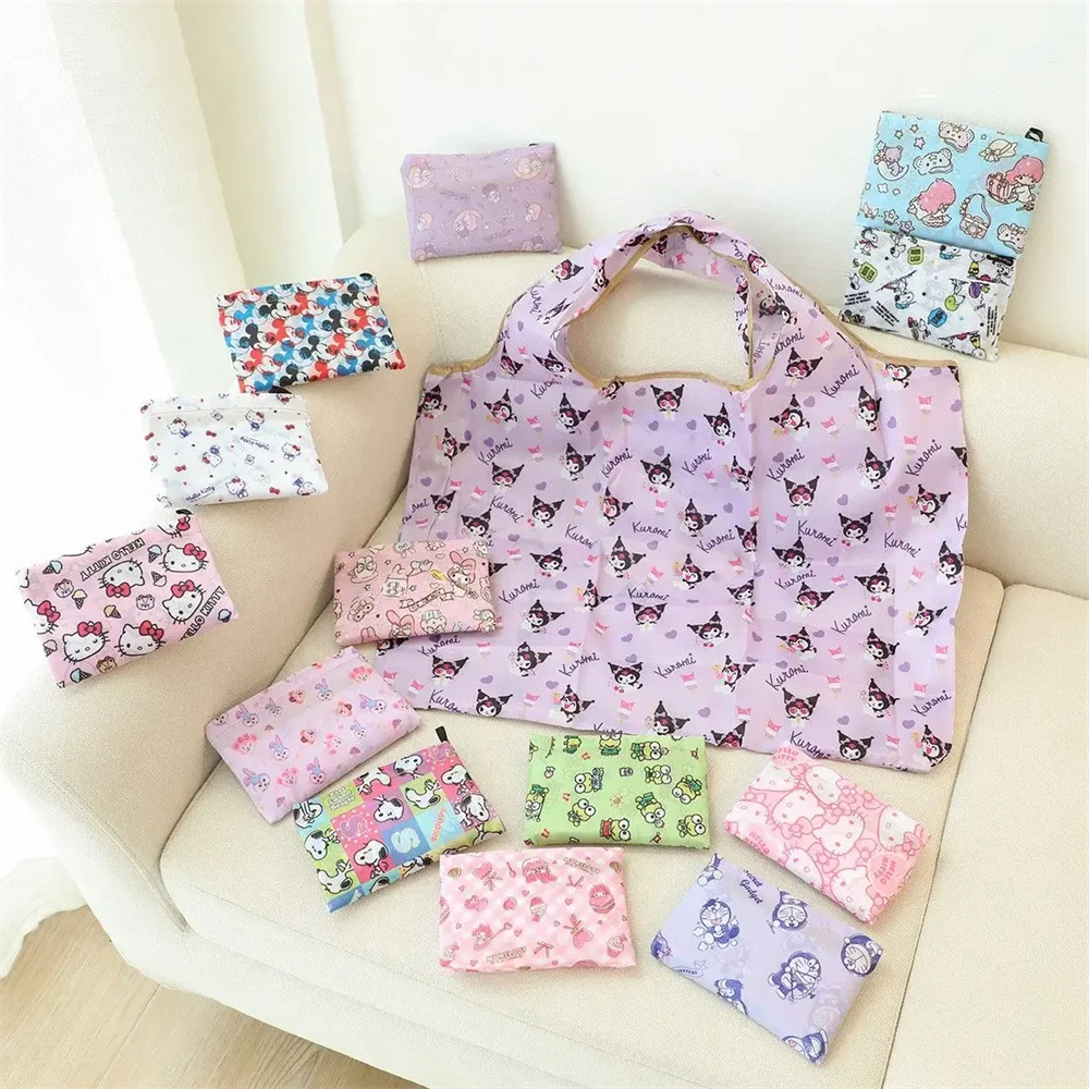 Kawaii Sanrio Foldable Eco Shopping Bag Kuromi Hello Kitty MyMelody Cinnamoroll Portable Supermarket Large Storage Bag