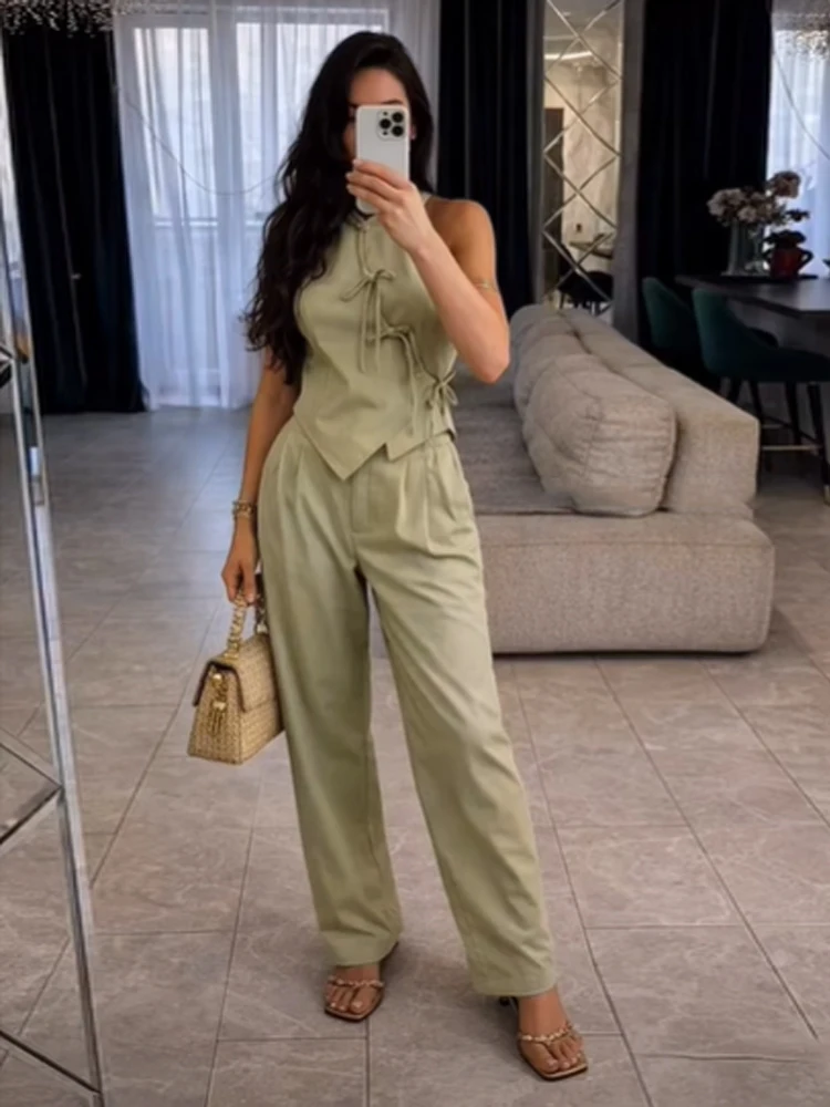 Women Green Bowknot Wide-leg Pant Suits Chic Solid Sleeveless Lace Up Slim Fit Long Pant Sets 2026 Lady Daily Street Outfits New image 2