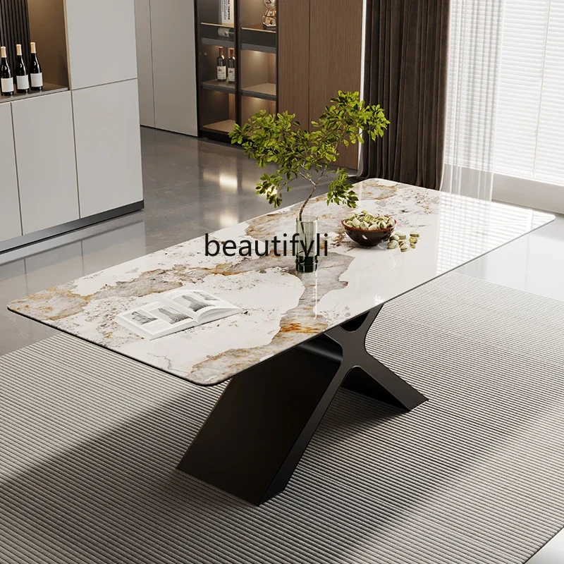 

Italian minimalist island rock slab dining table imported 3mm composite glass dining table and chair combination