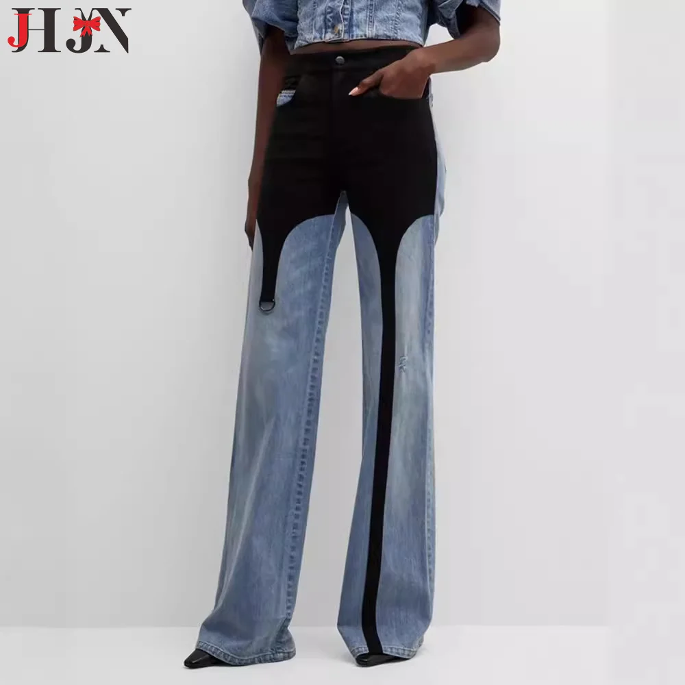 JHJN Design Color Blocking Floor Pants New Pattern Leisure Time High Waist Straight Pants Easy Washed Denim Jeans Luxury Brand