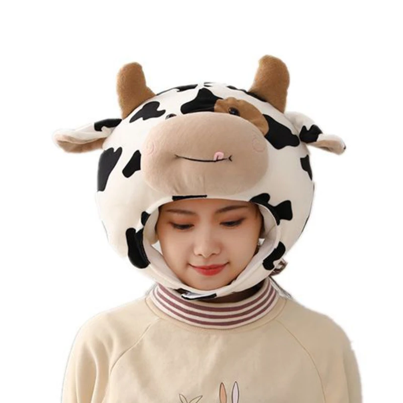 Funny Milk Cow for Head Plush Hat Pillow Cosplay Cartoon Animal Stuffed Headgear N58F