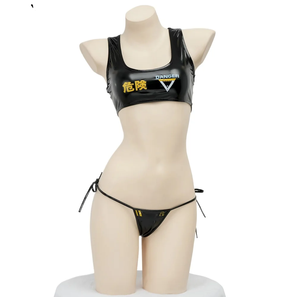 

Beach Party Chinese Danger Warning Bikini Set Women Anime Game Leather Uniform Set Costume Cosplay
