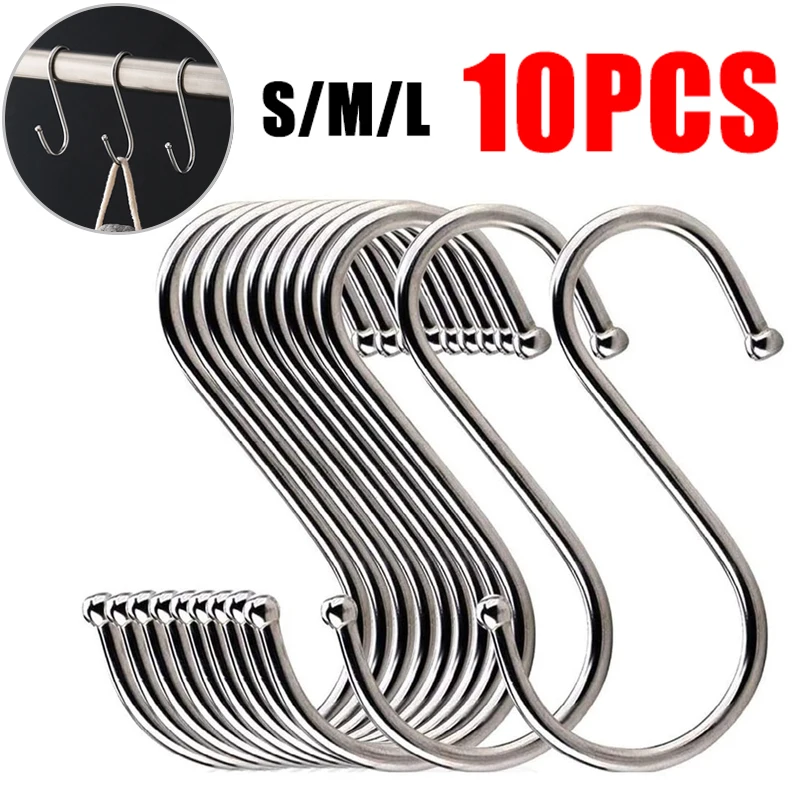 3/10pcs Stainless Steel S-Shape Hook Multi-function Kitchen Bedroom Railing S Hanger Clasp Holder Hooks Hanging Clothes Rack