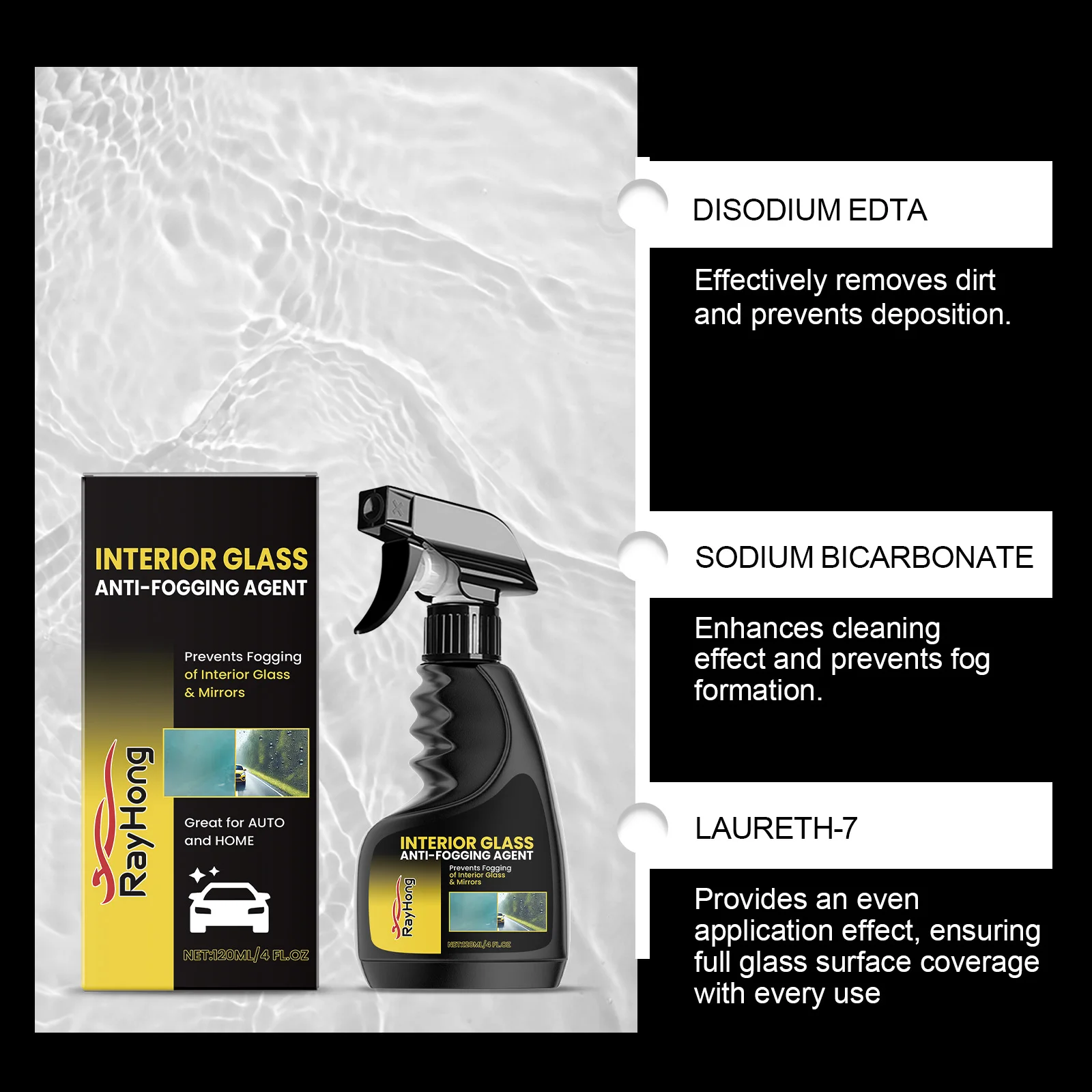 Interior Glass Anti-Fog Spray - Automotive Glass Anti-Fog Solution for Windshields & Windows, Cleans & Enhances Shine