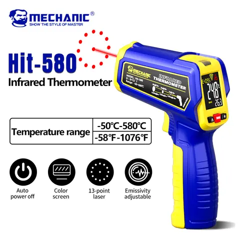 MECHANIC 고정밀 비접촉 산업용 디지털 온도계 -50°C~580°C | 13포인트 적외선 레이저 타겟팅 + LCD 디스플레이