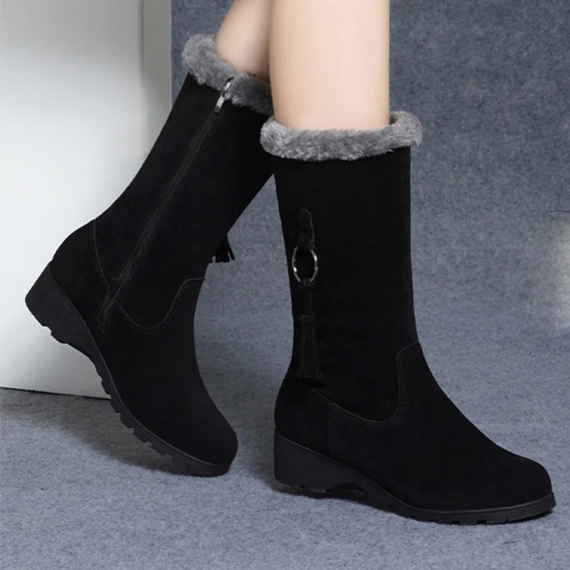 Winter Women's Suede Leather Mid-calf Boots Classics Fringe Waterproof Side Zipper Long Boots Outdoor Plush Lined Snow Shoes